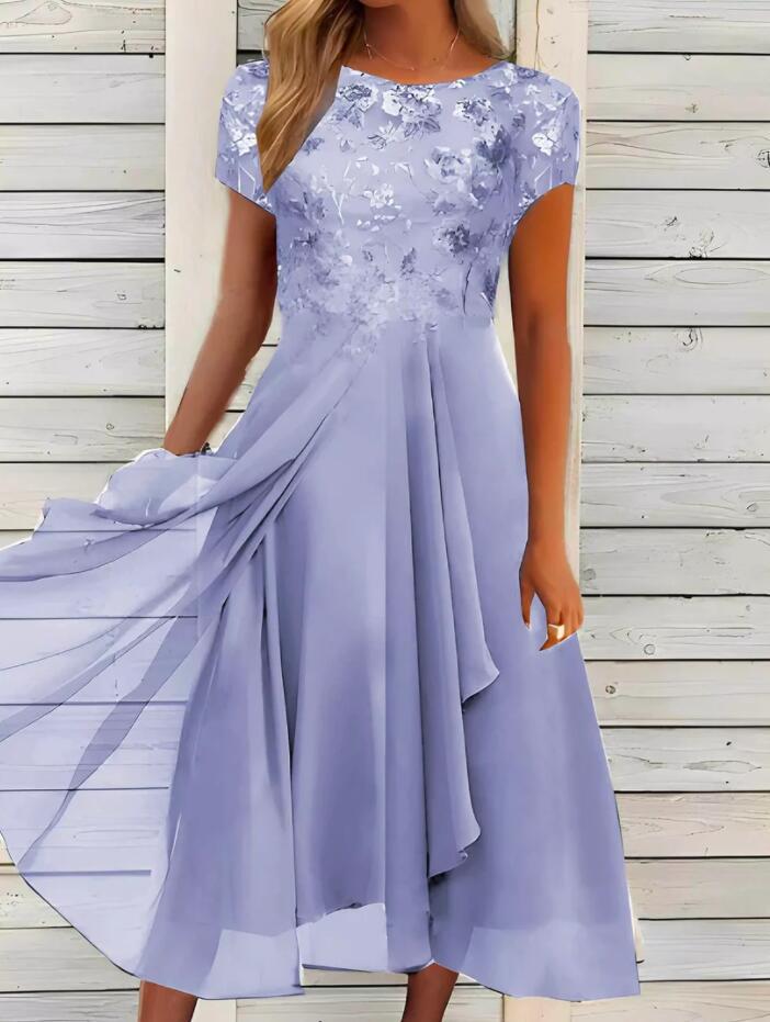 Damen nan elegantes Chiffon-Midikleid mit floraler Spitzenapplikation und fließendem Tellerrock