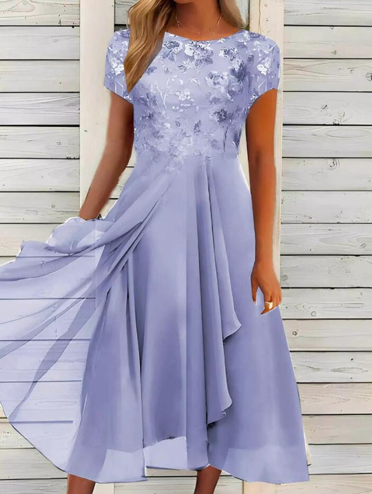 Damen nan elegantes Chiffon-Midikleid mit floraler Spitzenapplikation und fließendem Tellerrock
