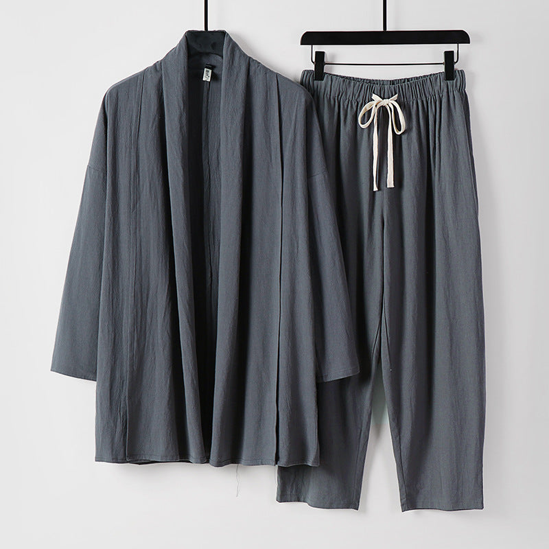 Unisex Lockeres Kimono-Lounge-Set aus leichter Baumwollmischung mit Schalkragen und Kordelbundhose Shop Nory