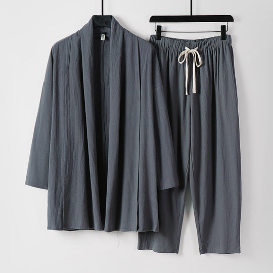 Unisex Lockeres Kimono-Lounge-Set aus leichter Baumwollmischung mit Schalkragen und Kordelbundhose Shop Nory