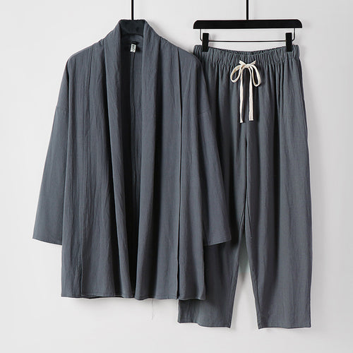 Unisex Lockeres Kimono-Lounge-Set aus leichter Baumwollmischung mit Schalkragen und Kordelbundhose Shop Nory