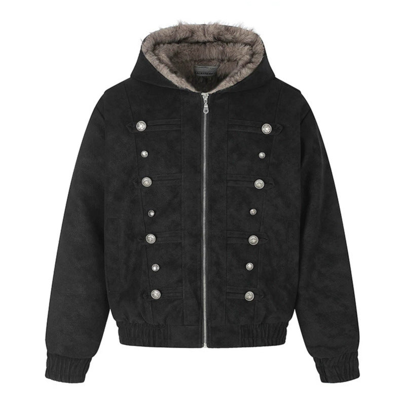 Damen Kapuzen-Bomberjacke aus Veloursimitat mit Kunstfell‑Futter und dekorativen Reliefknöpfen Shop Nory