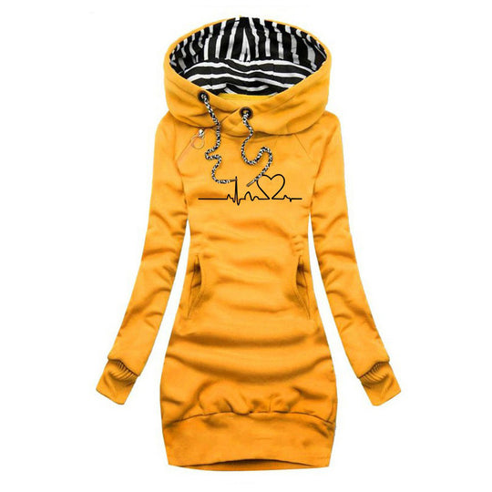 Damen Kapuzen-Sweatkleid mit gestreiftem Kapuzenfutter, Kängurutasche und Herz-EKG-Druck Shop Nory