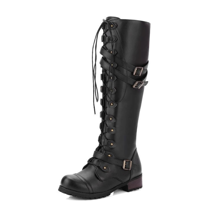 Damen Kniehohe Schnürstiefel mit verstellbaren Zierschnallen und robuster Profilsohle Shop Nory