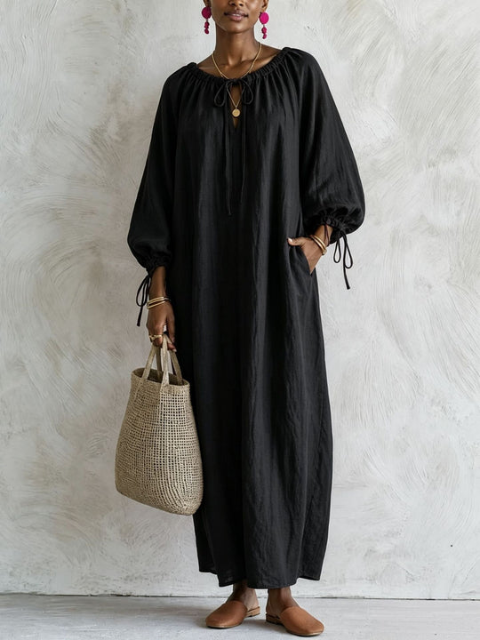 Damen Maxikleid im Kaftan-Stil mit gerafftem Rundhalsausschnitt, Ballonärmeln und Eingrifftaschen Shop Nory