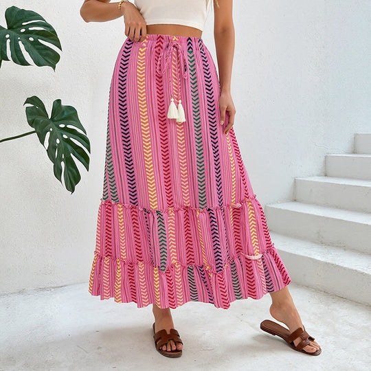 Damen Langer Stufen-Maxi-Rock mit Ethno-Streifen und Kordelbund Shop Nory