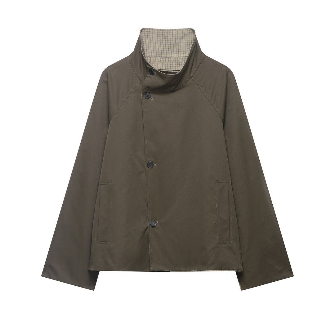 Damen kurzes Cape‑Mantel mit hohem Stehkragen, verdeckter Knopfleiste und Eingrifftaschen Shop Nory