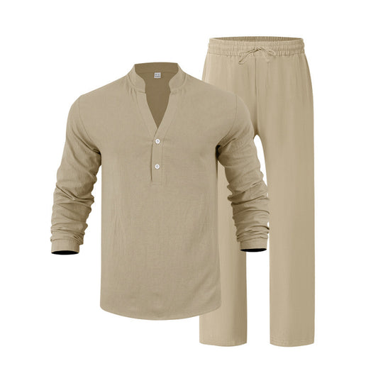 Herren nan legeres Henley-Set aus leichter Leinenoptik mit Stehkragen und elastischer Tunnelzughose Shop Nory