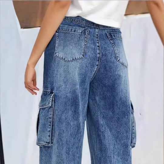Damen hochtaillierte weite Cargo-Denimhose im Palazzo‑Stil mit aufgesetzten Seitentaschen Shop Nory