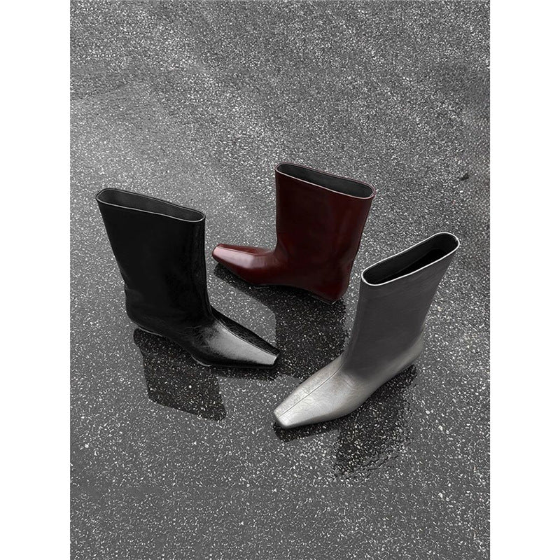 Damen kniehohe Slouch‑Lederstiefel mit quadratischer Zehenform und flachem Absatz Shop Nory