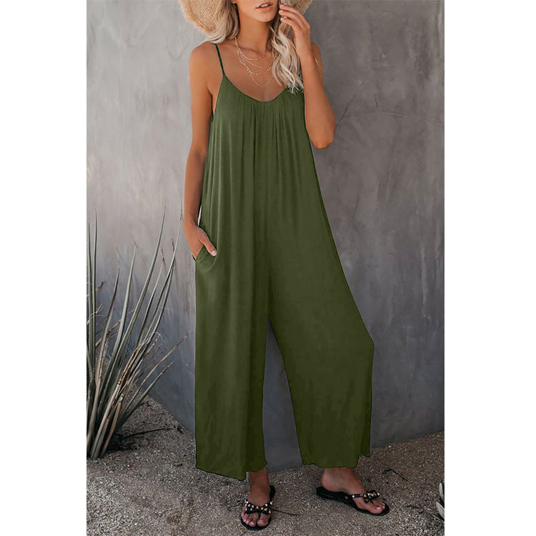 Damen Lässiger Sommer-Jumpsuit mit tiefem Ausschnitt und praktischen Taschen