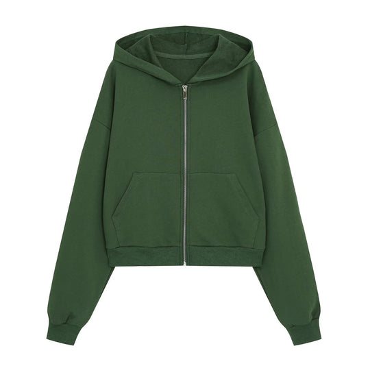 Damen Cropped Kapuzenjacke mit durchgehendem Reißverschluss und Kängurutaschen Shop Nory
