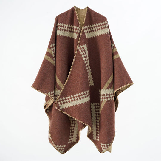 Damen Oversize-Umhangponcho aus Wollmix mit geometrischem Jacquard und Ziernaht Shop Nory