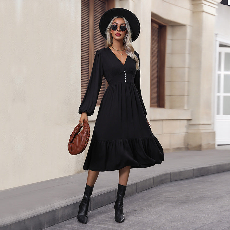 Damen V-Ausschnitt Midikleid mit hoher Taillennaht, langen Ballonärmeln und Volantstufe Shop Nory