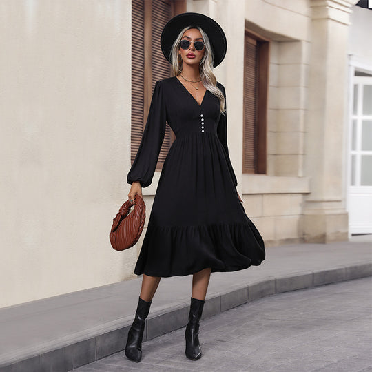 Damen V-Ausschnitt Midikleid mit hoher Taillennaht, langen Ballonärmeln und Volantstufe Shop Nory