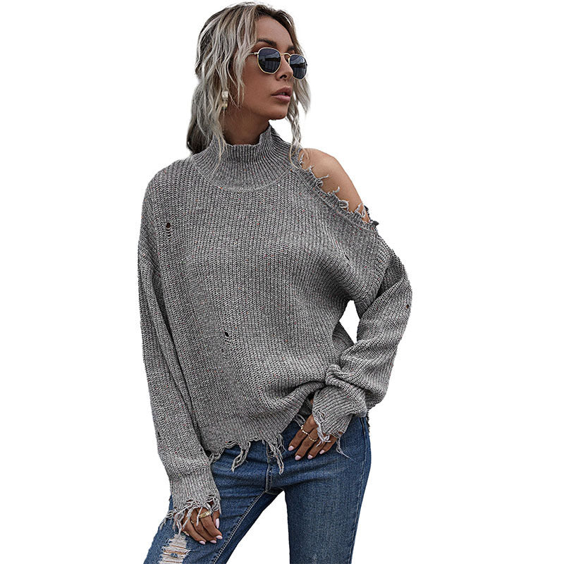 Damen Grobstrickpullover mit hohem Kragen, asymmetrischem Schultercut‑Out und ausgefranster Saum Shop Nory