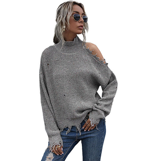 Damen Grobstrickpullover mit hohem Kragen, asymmetrischem Schultercut‑Out und ausgefranster Saum Shop Nory
