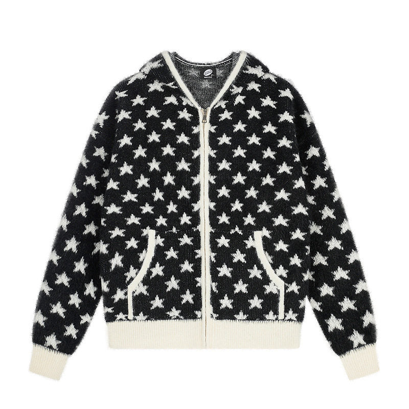 Damen Flauschige Strick-Zipjacke mit Allover-Sternmuster, Kängurutaschen und Rippbündchen Shop Nory