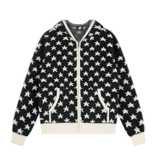 Damen Flauschige Strick-Zipjacke mit Allover-Sternmuster, Kängurutaschen und Rippbündchen Shop Nory