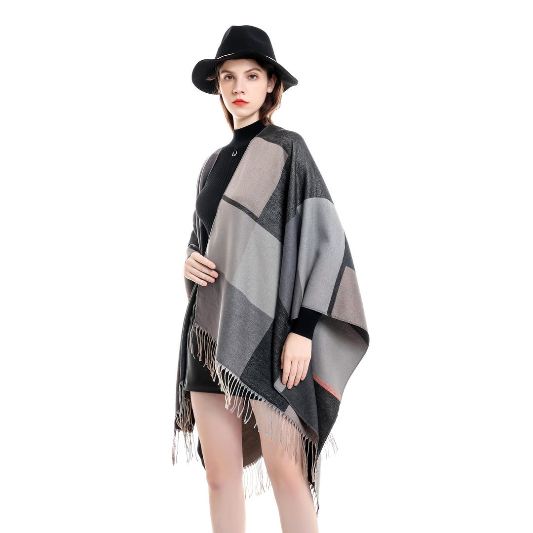 Damen Leichter Webruana mit geometrischem Blockmuster und Fransensaum Shop Nory