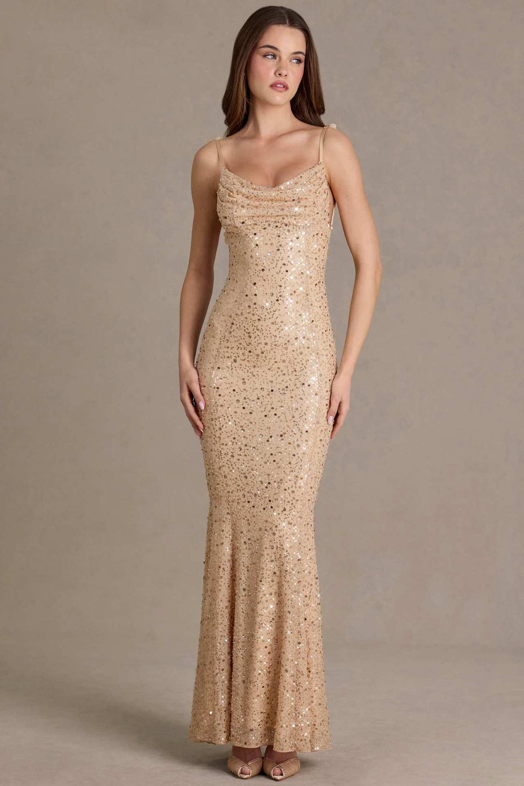 Damen elegantes Pailletten-Maxi-Kleid mit schickem Wasserfallausschnitt und figurbetonter Silhouette Shopnory