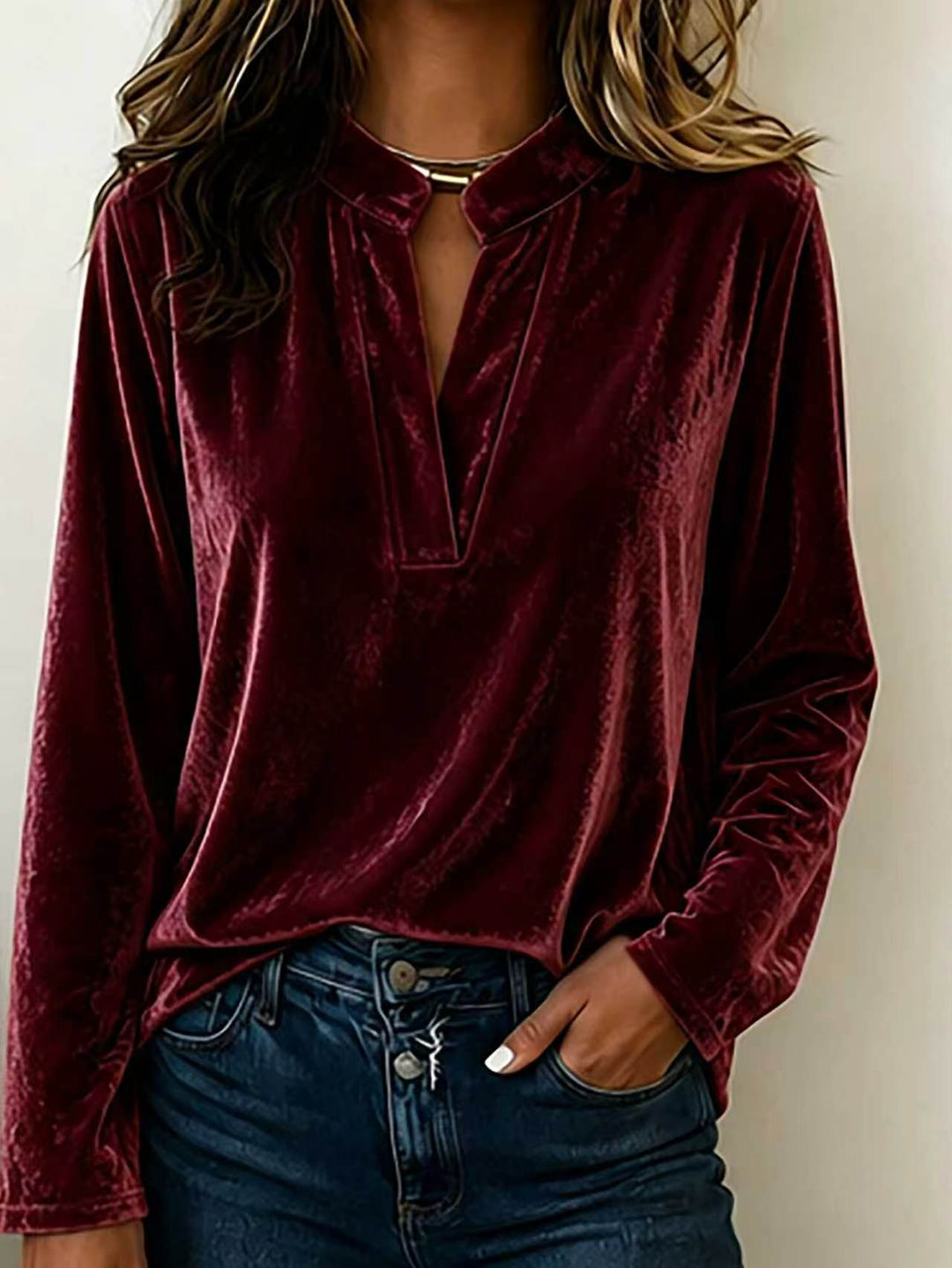 Damen Samtbluse mit Stehkragen, tiefem V-Ausschnitt und lockerem Langarm-Schnitt Shop Nory