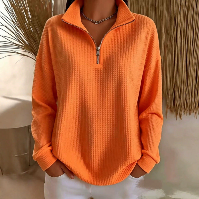Damen Waffelstrick-Sweatshirt mit halbem Reißverschluss und Stehkragen Shop Nory