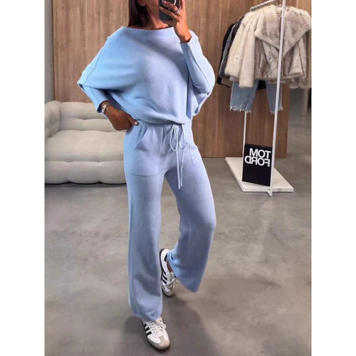 Damen Strick-Loungewear-Set mit Oversize-Schulter, weitem Bein und Kordelzug Shop Nory