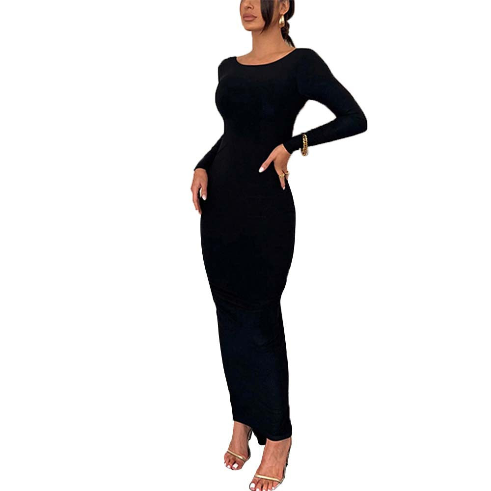 Damen enganliegendes Maxikleid mit langen Ärmeln figurbetonter Stretch-Silhouette und U-Boot-Ausschnitt Shop Nory