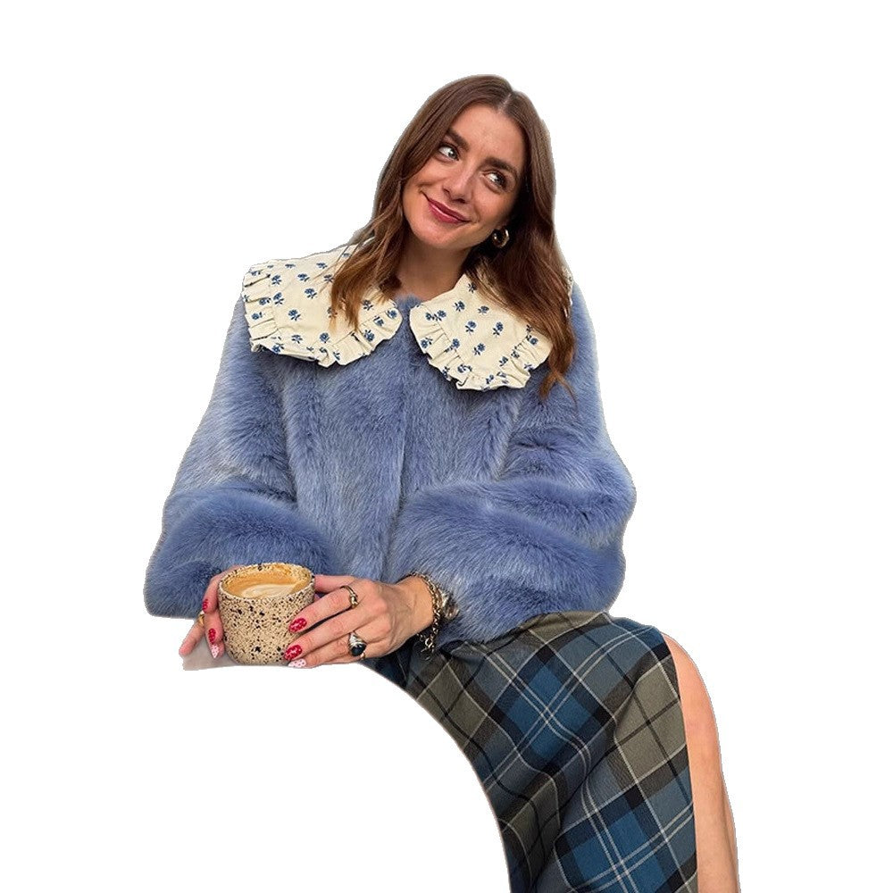 Damen Kurze Kunstpelzjacke mit markantem Häkelkragen Shop Nory