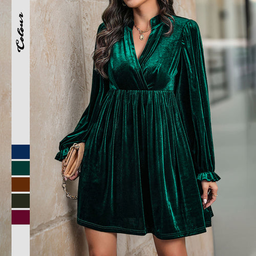 Damen Samt-Minikleid mit Wickeloberteil, Empire-Taille und Rüschenmanschetten Shop Nory