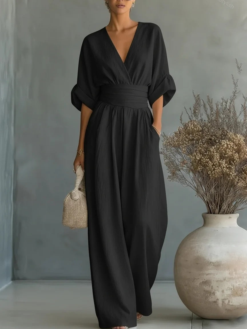 Damen Maxikleid mit V-Ausschnitt und Puffärmeln