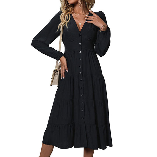 Damen Viskose‑Look Stufenkleid mit durchgehender Knopfleiste, taillierter Empire‑Naht und Ballonärmeln Shop Nory