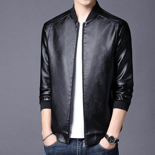 Herren schlanke Kunstleder‑Bomberjacke mit kontrastierendem Rippkragen und verdecktem Reißverschluss Shop Nory