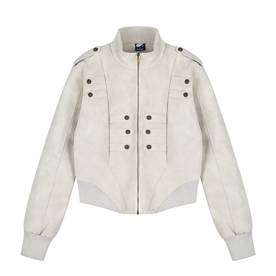 Damen Gekürzte Bomberjacke mit Stehkragen, Schulterpatten und dekorativer Knopfreihe Shop Nory