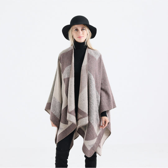 Damen Vielseitiger Wollmix-Überwurfponcho mit geometrischem Jacquard und offener Front Shop Nory