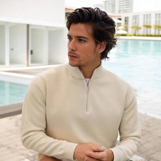 Herren Feinstrick-Halbzip-Pullover mit Stehkragen und Rippbündchen Shop Nory