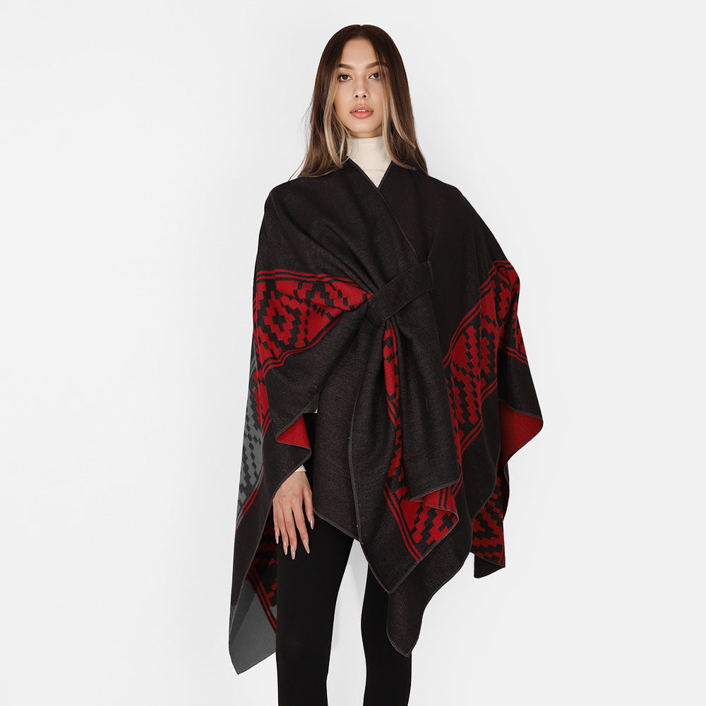 Damen Jacquard‑Ruana mit Bindegürtel und geometrischem Muster Shop Nory