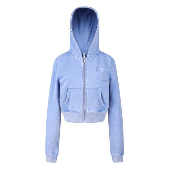 Damen Kurz geschnittene Kapuzen-Sweatjacke mit durchgehendem Reißverschluss im Boxy-Schnitt und Brusttasche Shop Nory