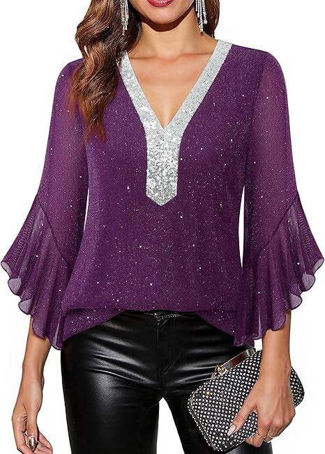 Damen Festliche Mesh-Bluse mit V-Ausschnitt, Paillettenbesatz und Volantärmeln Shop Nory