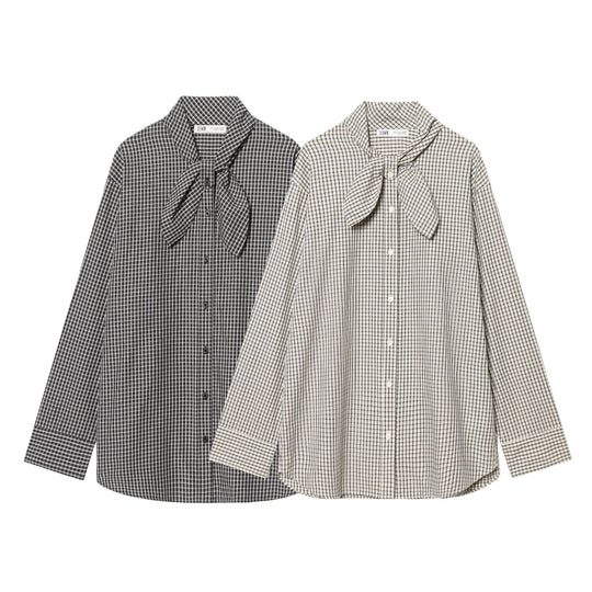 Damen Kariertes Blusenshirt mit Schleifenkragen und lässiger Passform Shop Nory