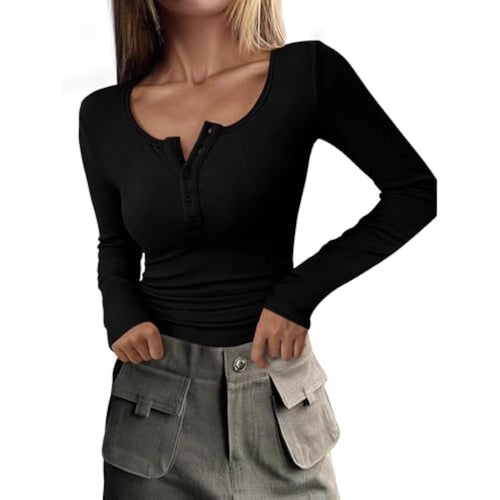 Damen Langärmeliges Rippshirt mit Henley-Knopfleiste und taillierter Passform Shop Nory