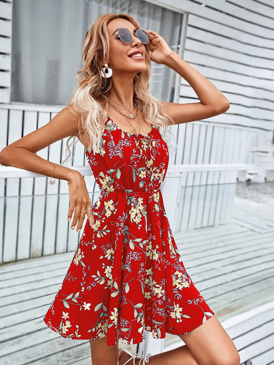Damen Florales Sommerkleid mit Spaghettiträgern und tailliertem A-Linien-Schnitt Shop Nory