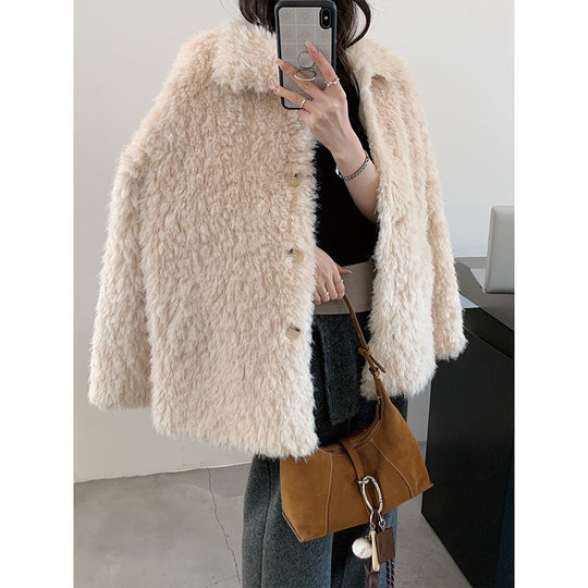 Damen Flauschiger Teddy-Mantel aus Kunstfell mit Hemdkragen und Boxy‑Silhouette Shop Nory