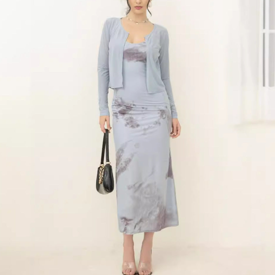 Damen Zweiteiliges Maxikleid-Set mit tailliertem Slipkleid und kurzem Langarm-Cardigan Shop Nory