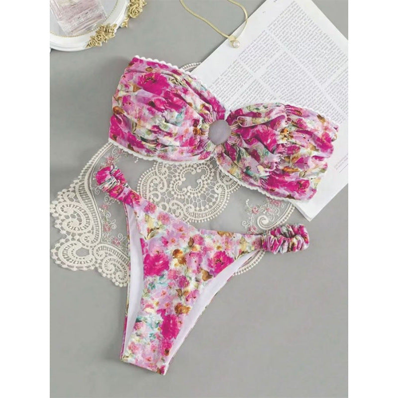 Damen Bandeau-Bikini mit romantischem Rüschendesign und verführerischem Blumenmuster