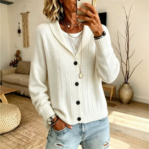 Damen Langer Schalkragen-Cardigan aus Zopfmuster mit gerippten Bündchen Shop Nory