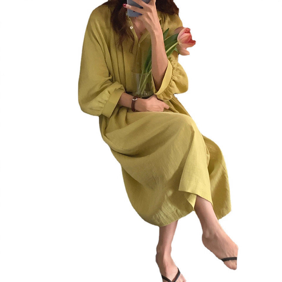 Damen Weites Leinenmix-Maxikleid mit Stehkragen, Kordel-Taille und Ballonärmeln Shop Nory