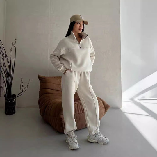 Damen Weiches Oversized Lounge-Set mit Troyer-Kragen, Eingrifftaschen und schmeichelhafter High-Waist Hose Shop Nory