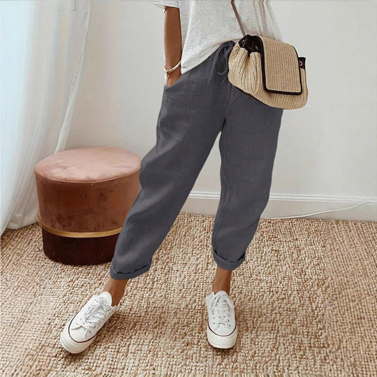 Damen Lässige Leinen-Hose mit elastischem Bund und praktischen Taschen